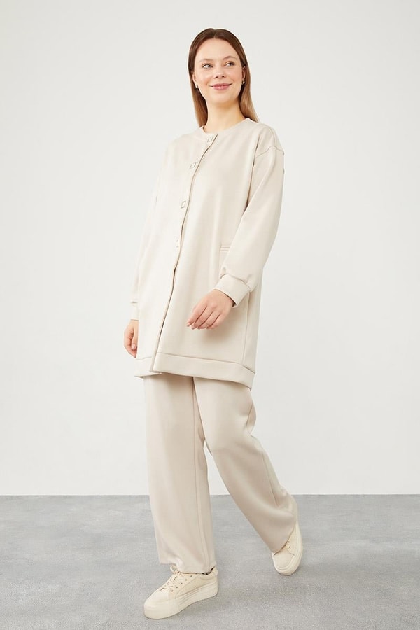 LevidorLevidor Bej Bisiklet Yaka Cepli Penye Pantolonlu Spor Takım