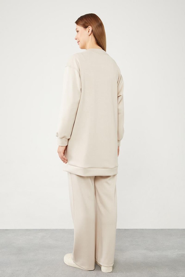 LevidorLevidor Bej Bisiklet Yaka Cepli Penye Pantolonlu Spor Takım