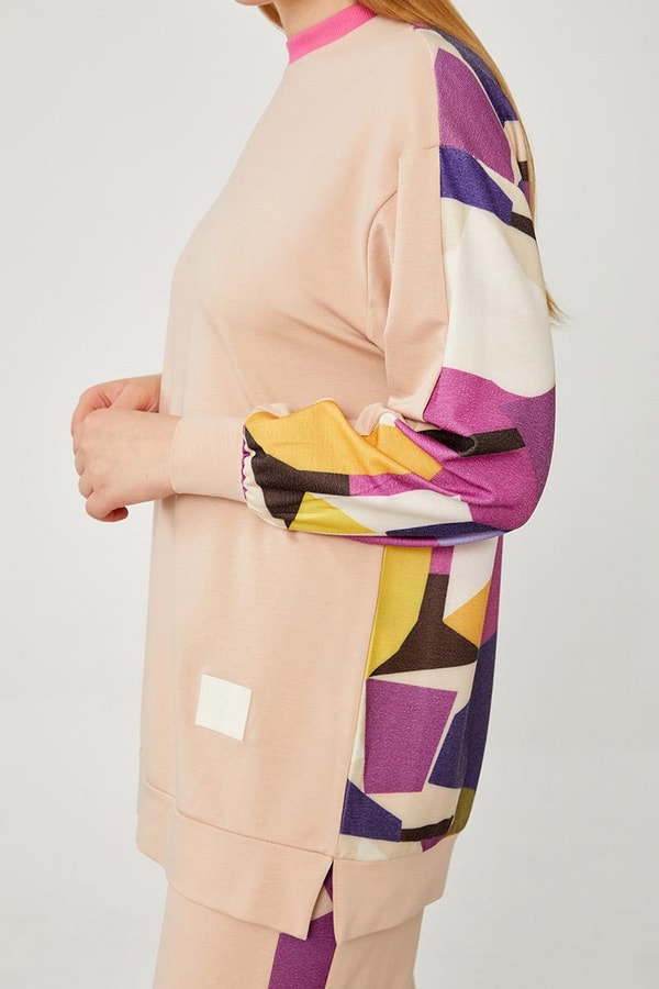 LevidorLevidor Bej Bisiklet Yaka Geometrik Desen Spor Takım