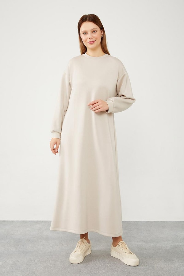 LevidorLevidor Bej Bisiklet Yaka Kolları Ribanalı Elbise