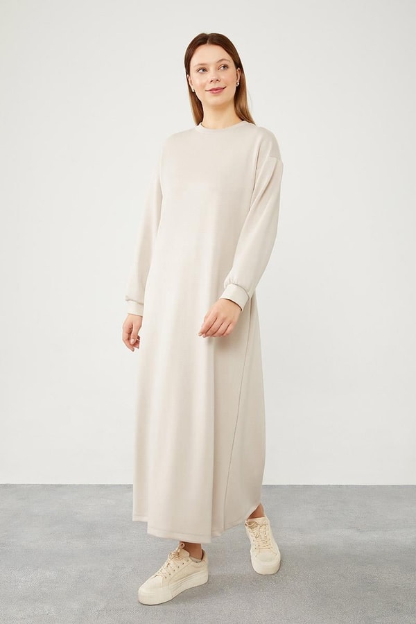 LevidorLevidor Bej Bisiklet Yaka Kolları Ribanalı Elbise