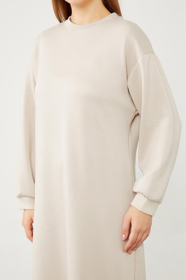 LevidorLevidor Bej Bisiklet Yaka Kolları Ribanalı Elbise