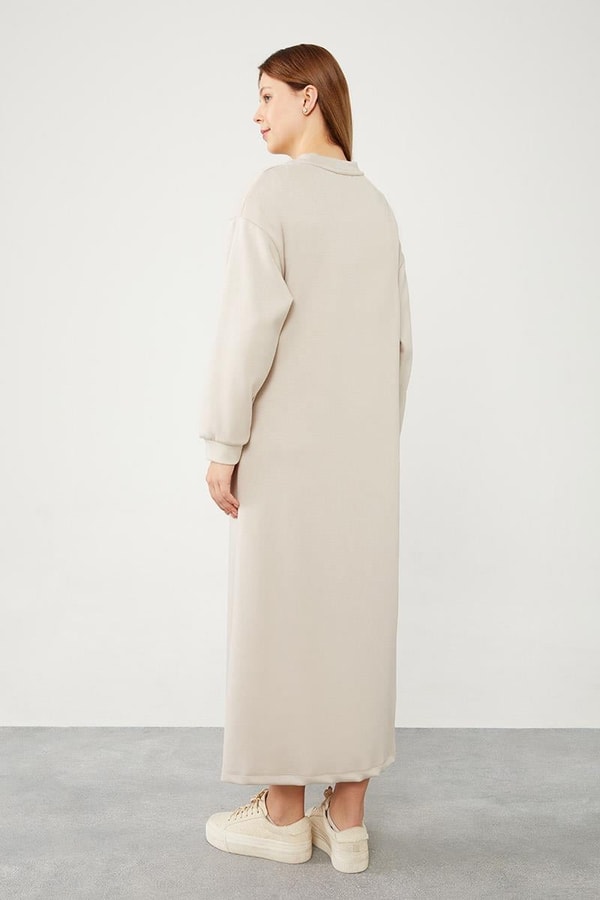 LevidorLevidor Bej Bisiklet Yaka Kolları Ribanalı Elbise