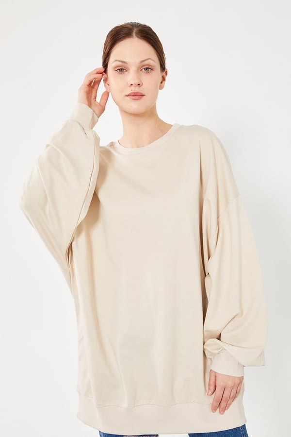 LevidorLevidor Bej Bisiklet Yaka Oversize Sweat