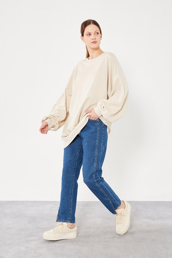 LevidorLevidor Bej Bisiklet Yaka Oversize Sweat
