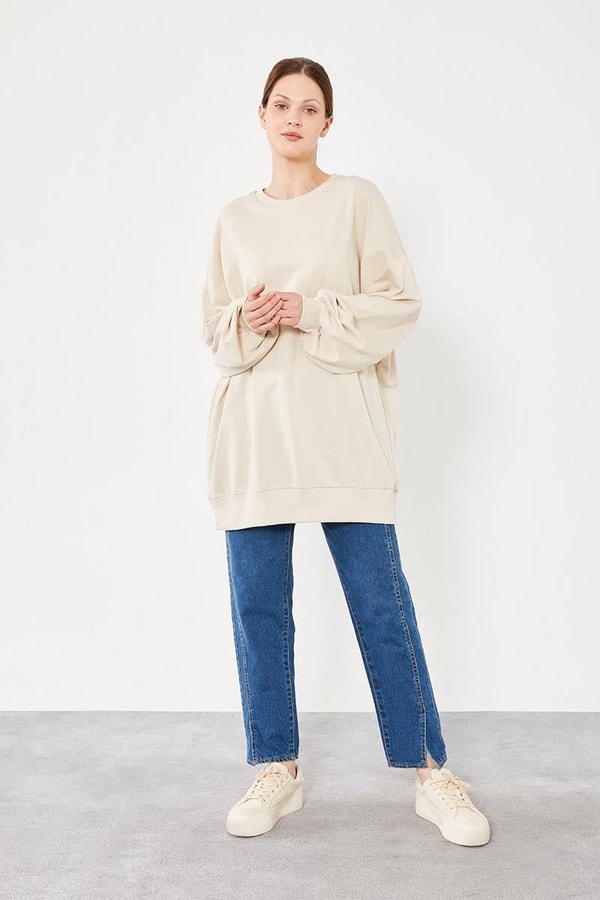 LevidorLevidor Bej Bisiklet Yaka Oversize Sweat