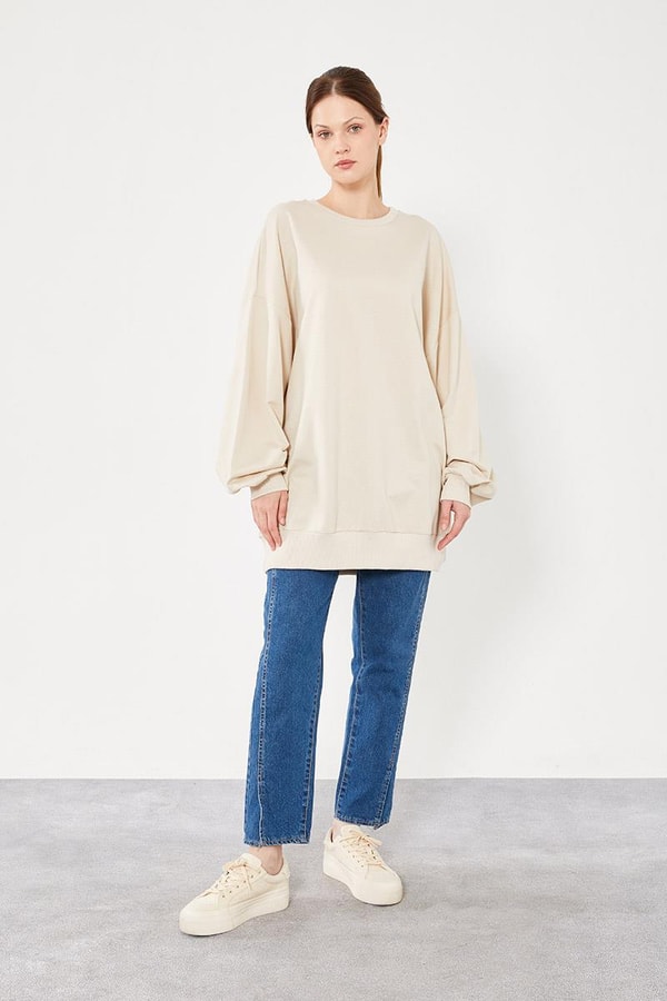 LevidorLevidor Bej Bisiklet Yaka Oversize Sweat