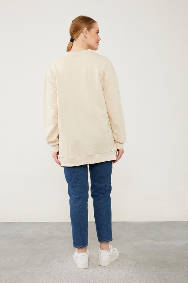 LevidorLevidor Bej Bisiklet Yaka Ribanalı Basic Sweat