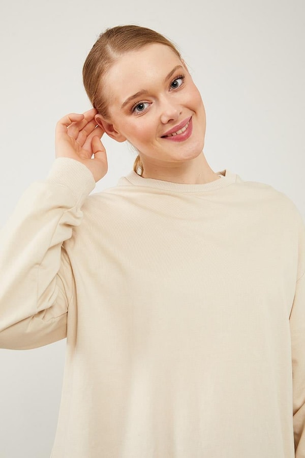 LevidorLevidor Bej Bisiklet Yaka Ribanalı Basic Sweat