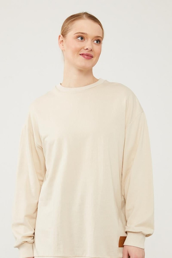 LevidorLevidor Bej Bisiklet Yaka Ribanalı Basic Sweat