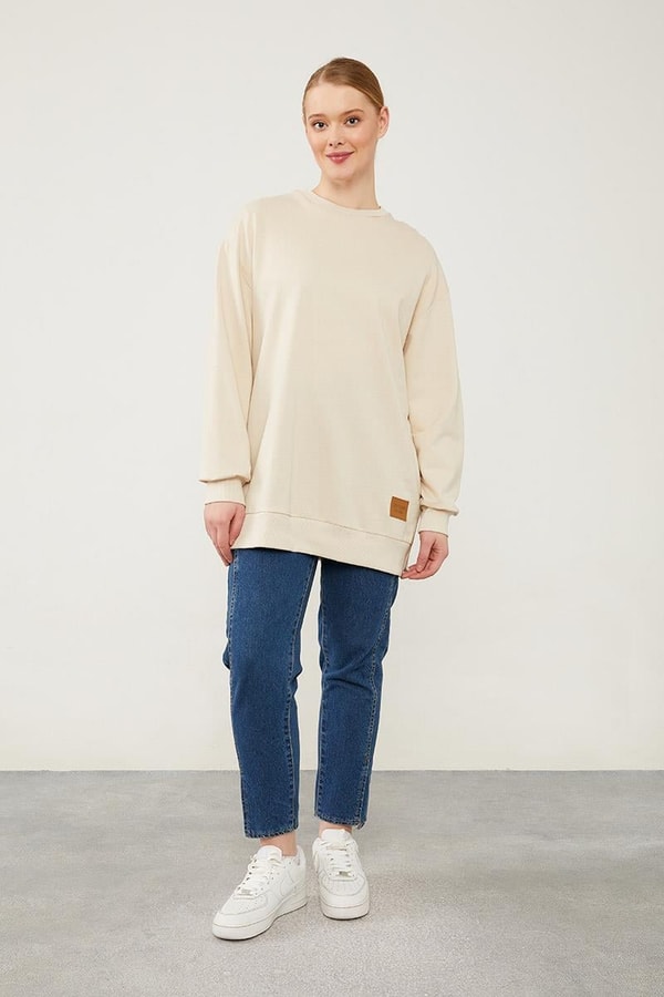 LevidorLevidor Bej Bisiklet Yaka Ribanalı Basic Sweat