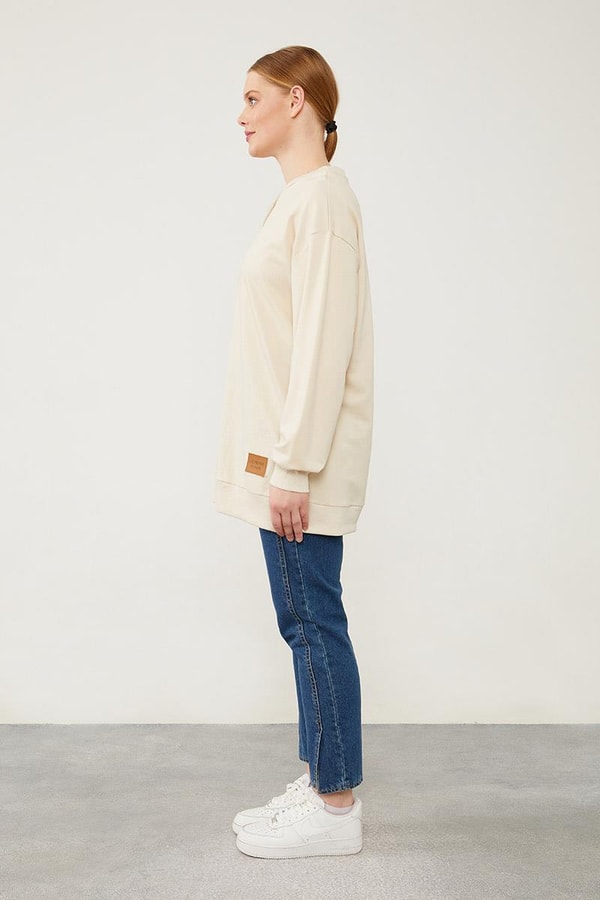 LevidorLevidor Bej Bisiklet Yaka Ribanalı Basic Sweat