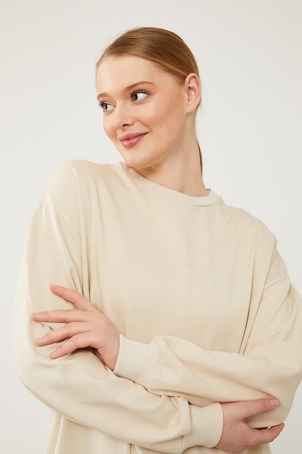 LevidorLevidor Bej Bisiklet Yaka Ribanalı Basic Sweat