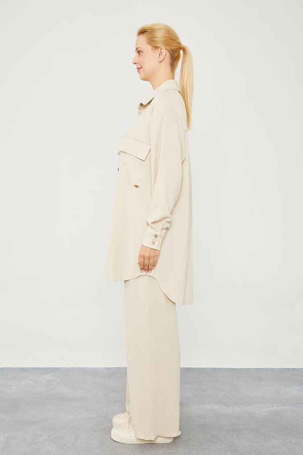 LevidorLevidor Bej Cep İşlemeli Bürümcük Kumaş Takım