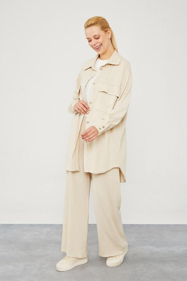 LevidorLevidor Bej Cep İşlemeli Bürümcük Kumaş Takım