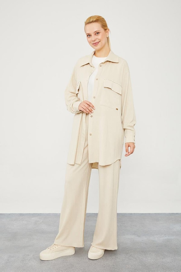 LevidorLevidor Bej Cep İşlemeli Bürümcük Kumaş Takım