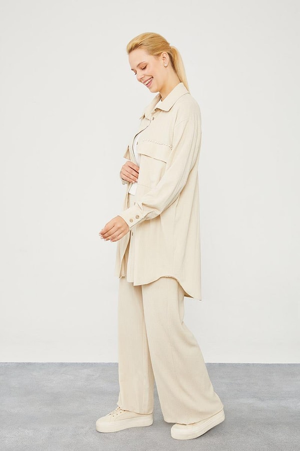 LevidorLevidor Bej Cep İşlemeli Bürümcük Kumaş Takım