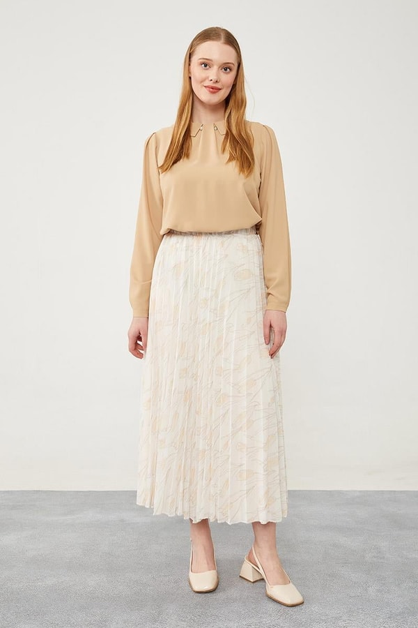 LevidorLevidor Bej Çiçek Desen Şifon Etek