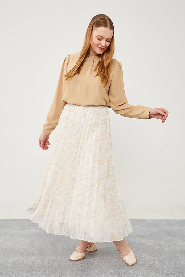 LevidorLevidor Bej Çiçek Desen Şifon Etek