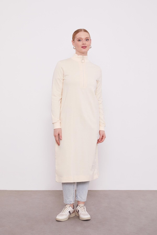 LevidorLevidor Bej Dik Yaka Fermuar Kapamalı Uzun Tunik