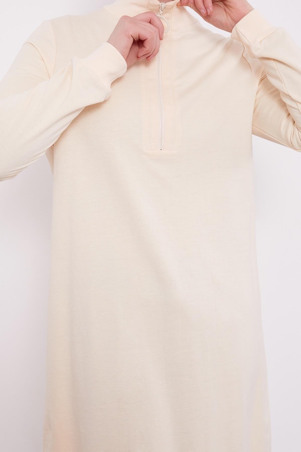 LevidorLevidor Bej Dik Yaka Fermuar Kapamalı Uzun Tunik