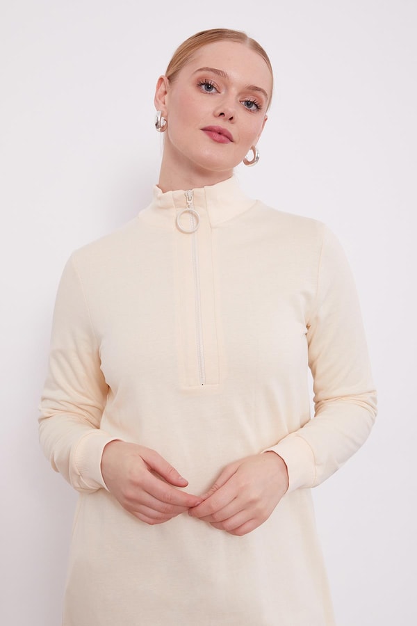 LevidorLevidor Bej Dik Yaka Fermuar Kapamalı Uzun Tunik