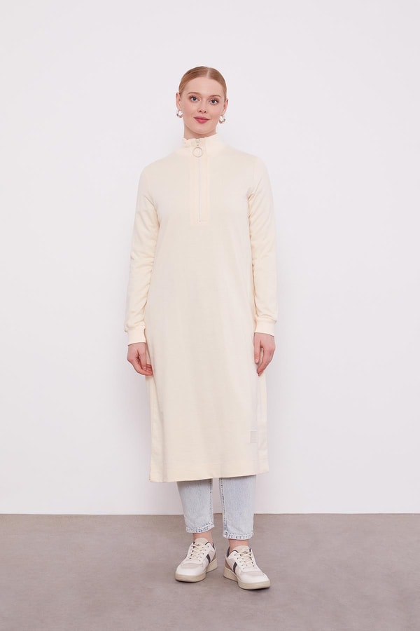 LevidorLevidor Bej Dik Yaka Fermuar Kapamalı Uzun Tunik