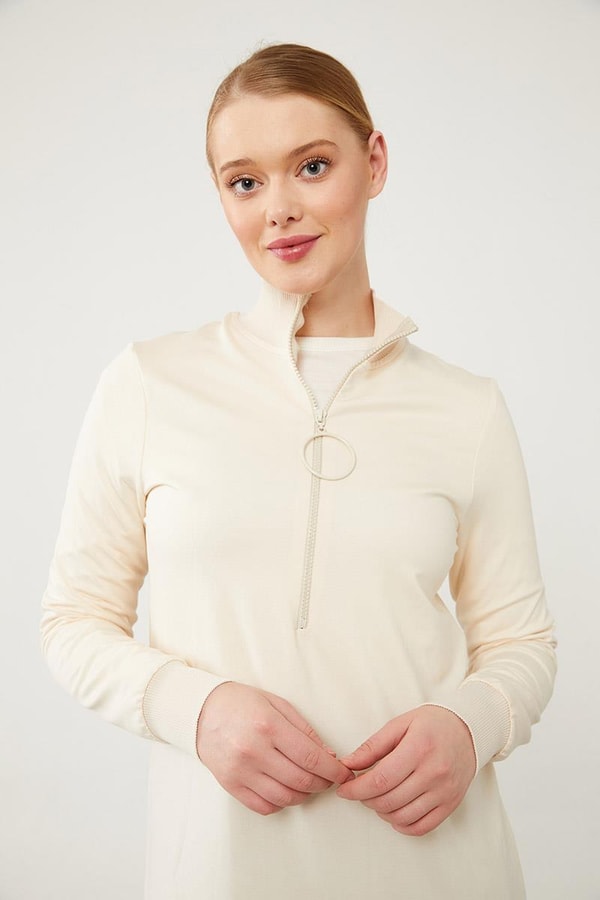 LevidorLevidor Bej Dik Yaka Fermuarlı Penye Elbise