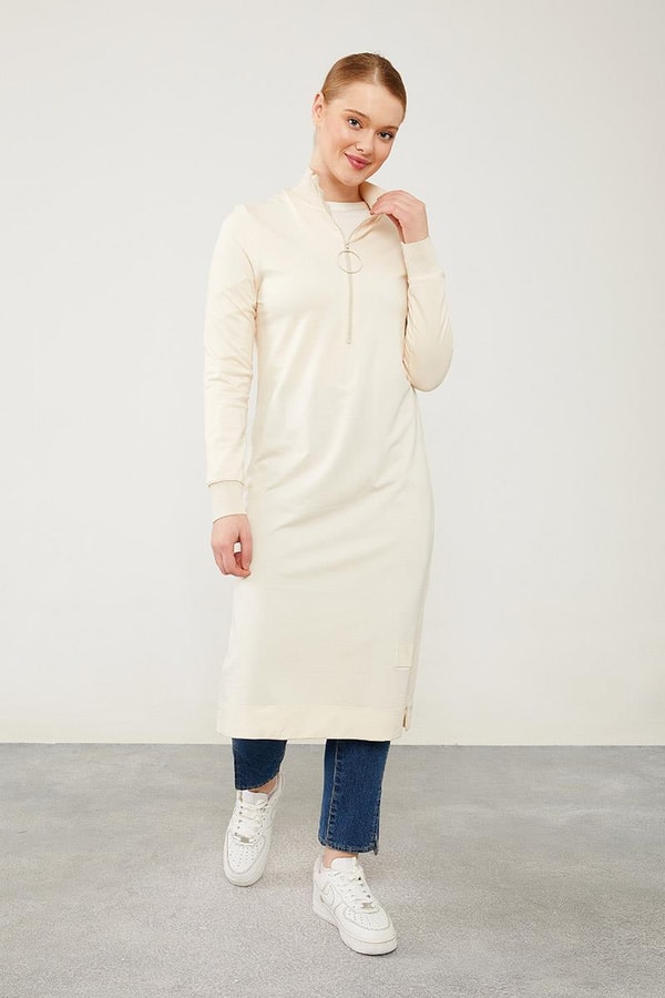 LevidorLevidor Bej Dik Yaka Fermuarlı Penye Elbise