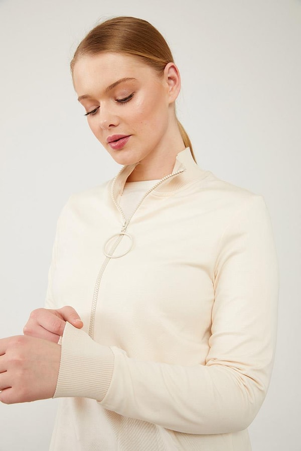 LevidorLevidor Bej Dik Yaka Fermuarlı Penye Elbise