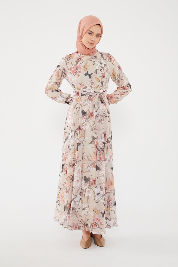 LevidorLevidor Bej Kol ağzı gipeli beli büzgülü desenli şifon elbise