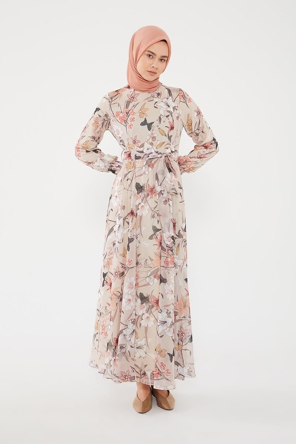 LevidorLevidor Bej Kol ağzı gipeli beli büzgülü desenli şifon elbise