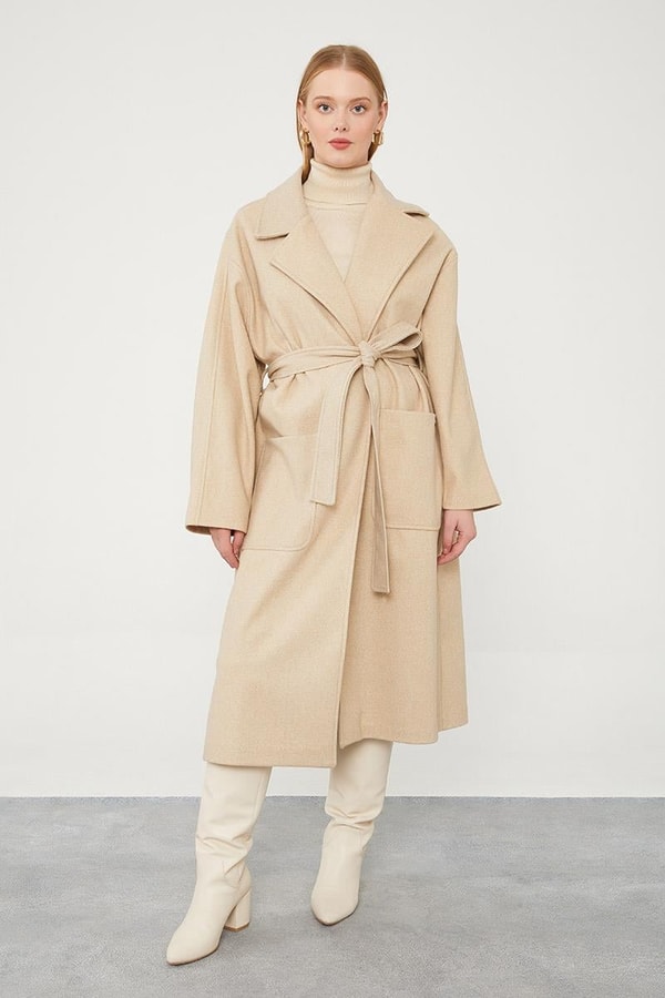 LevidorLevidor Bej Kuşak Bağlamalı Kaşe Kaban