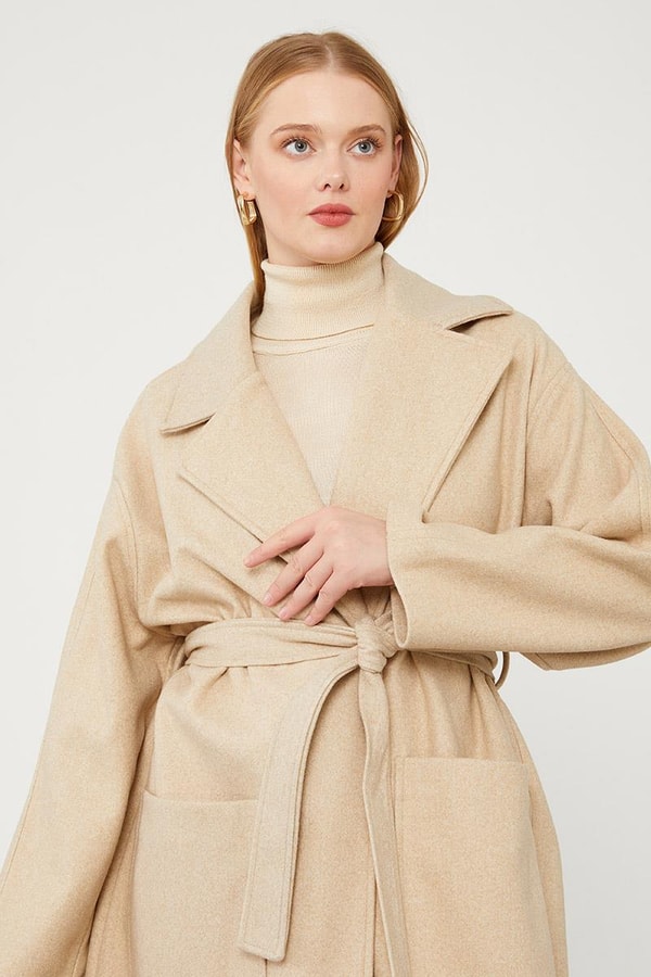 LevidorLevidor Bej Kuşak Bağlamalı Kaşe Kaban