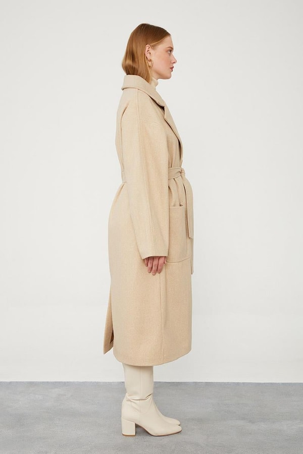 LevidorLevidor Bej Kuşak Bağlamalı Kaşe Kaban