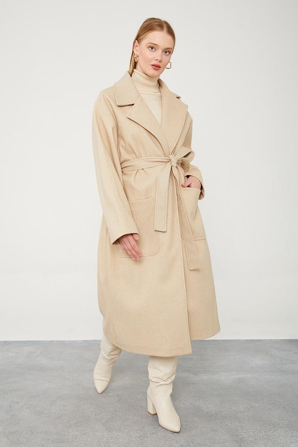 LevidorLevidor Bej Kuşak Bağlamalı Kaşe Kaban