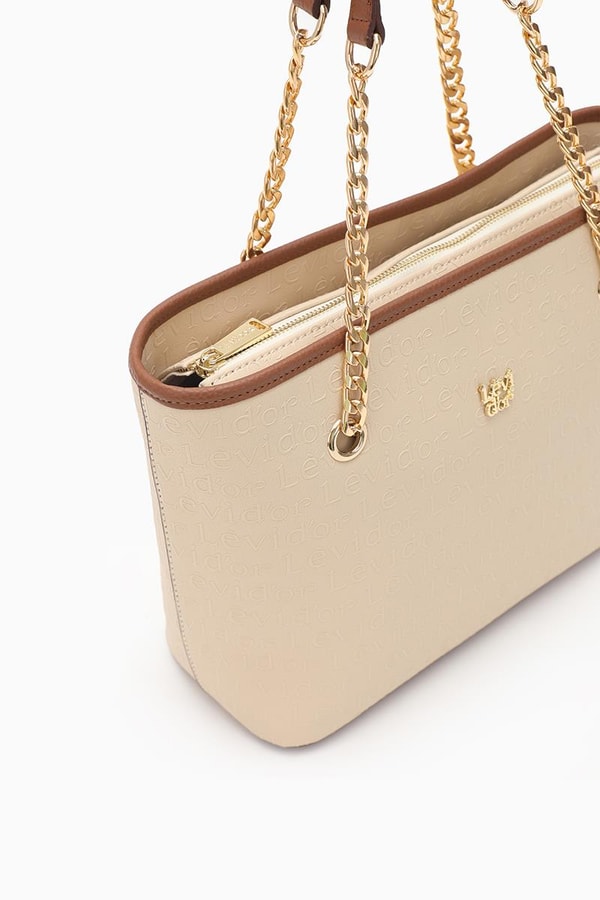 LevidorLevidor Bej Monogram Baskılı Zincir Askılı Tote Çanta