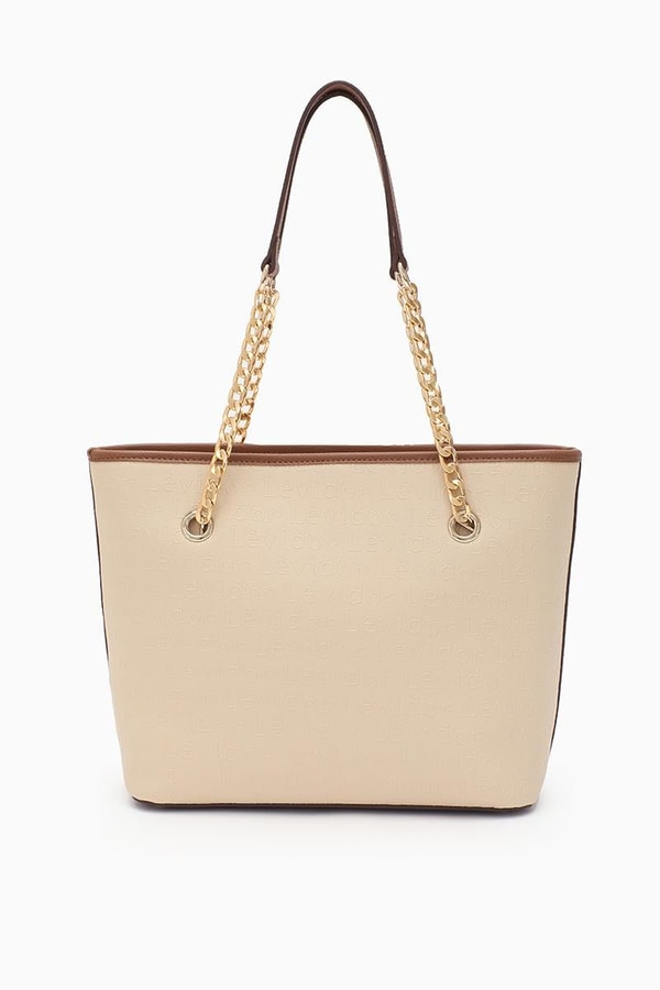 LevidorLevidor Bej Monogram Baskılı Zincir Askılı Tote Çanta