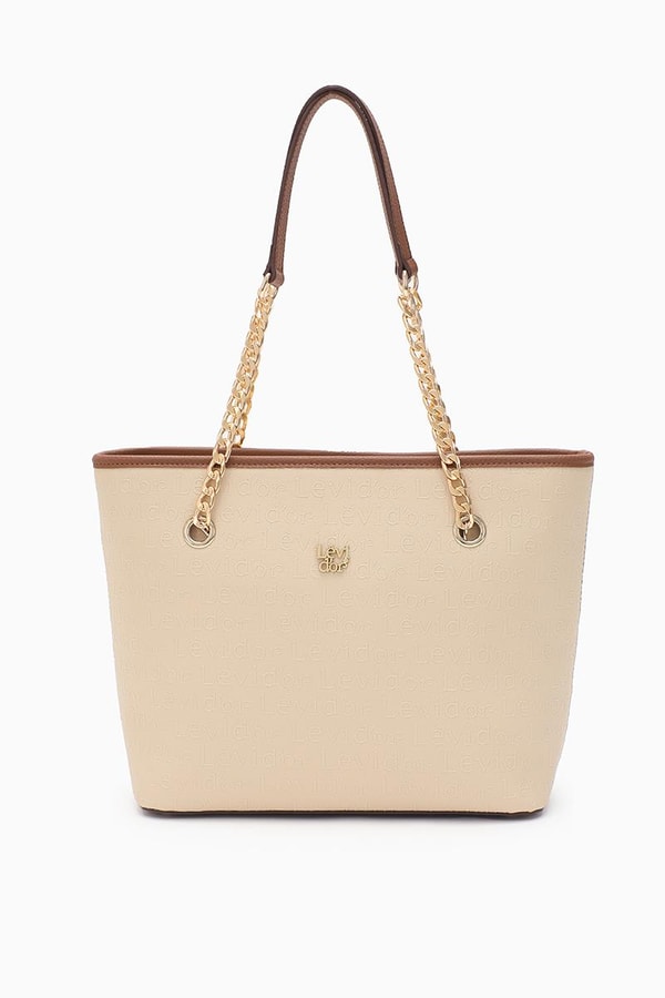 LevidorLevidor Bej Monogram Baskılı Zincir Askılı Tote Çanta