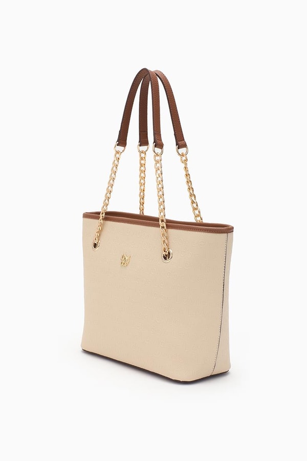LevidorLevidor Bej Monogram Baskılı Zincir Askılı Tote Çanta
