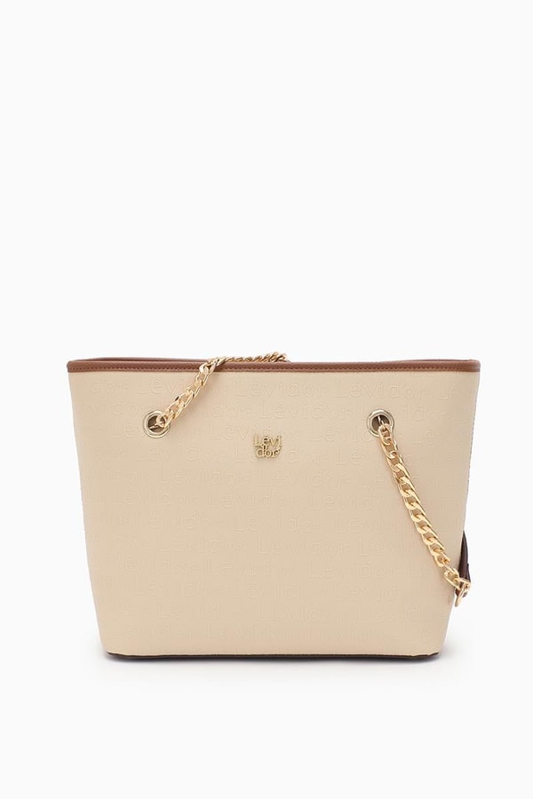 LevidorLevidor Bej Monogram Baskılı Zincir Askılı Tote Çanta