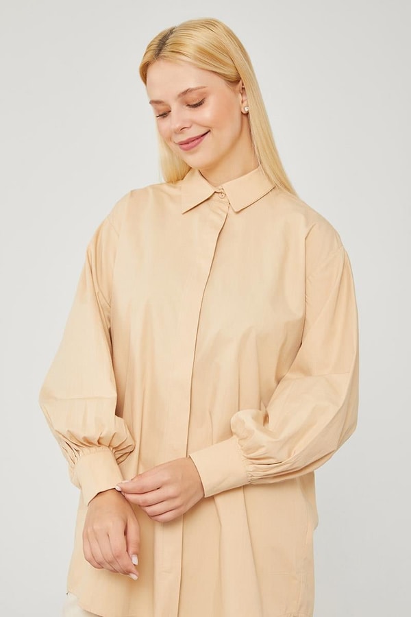 LevidorLevidor Bej Oversize Balon Kol Poplin Gömlek