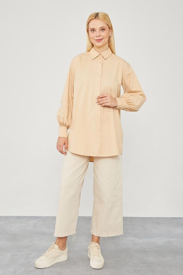 LevidorLevidor Bej Oversize Balon Kol Poplin Gömlek