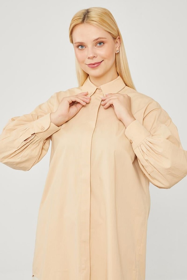 LevidorLevidor Bej Oversize Balon Kol Poplin Gömlek