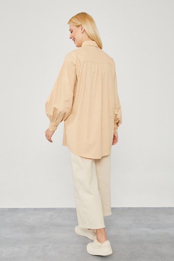 LevidorLevidor Bej Oversize Balon Kol Poplin Gömlek