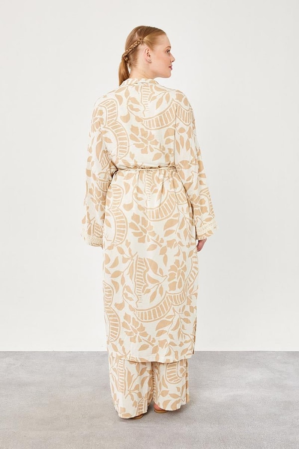 LevidorLevidor Bej Yaprak Desen Keten Kimono Takım