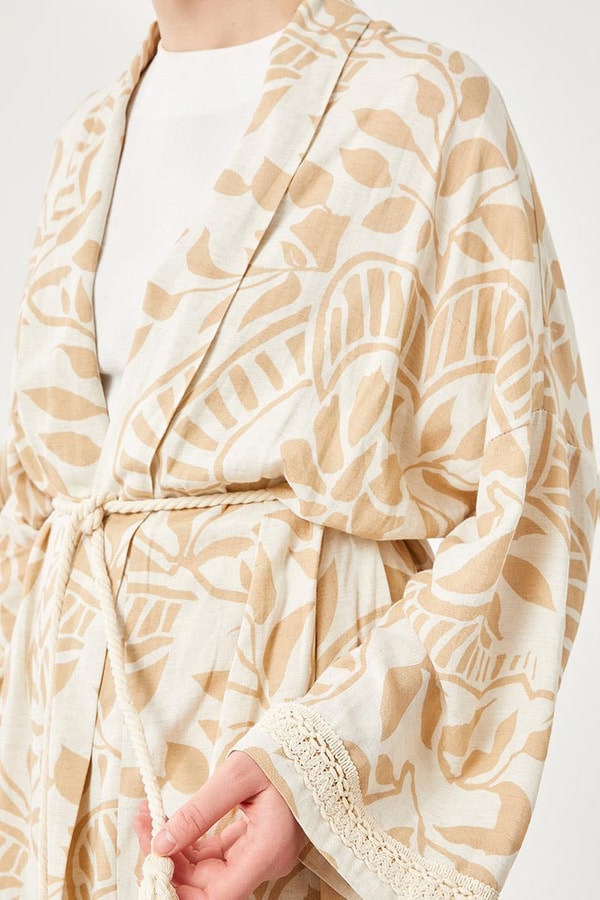 LevidorLevidor Bej Yaprak Desen Keten Kimono Takım
