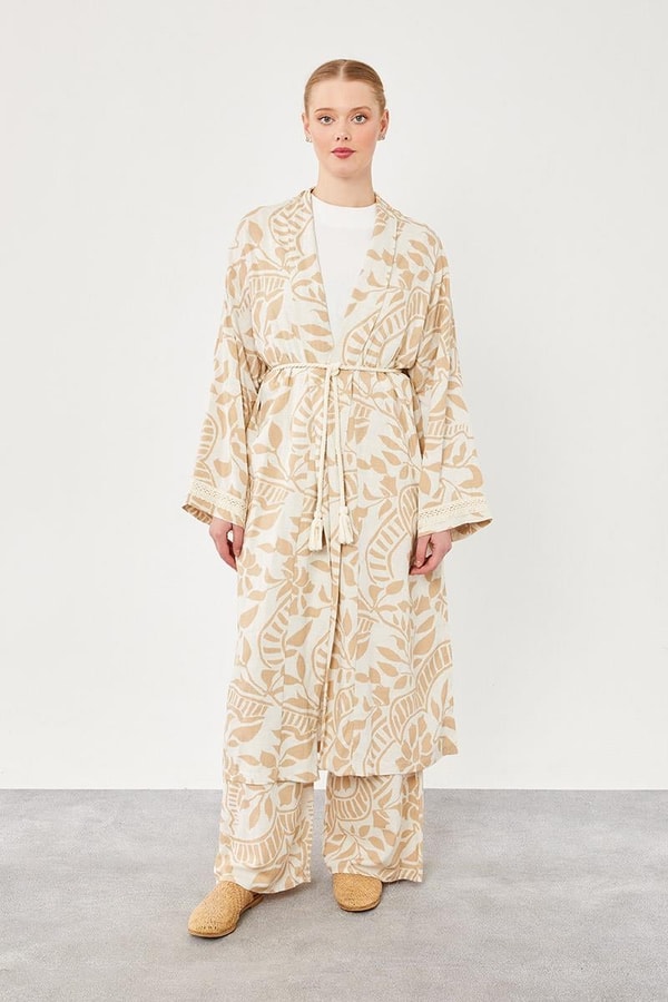 LevidorLevidor Bej Yaprak Desen Keten Kimono Takım