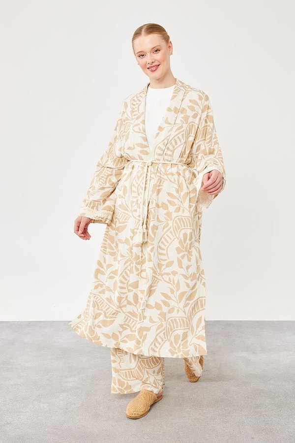 LevidorLevidor Bej Yaprak Desen Keten Kimono Takım