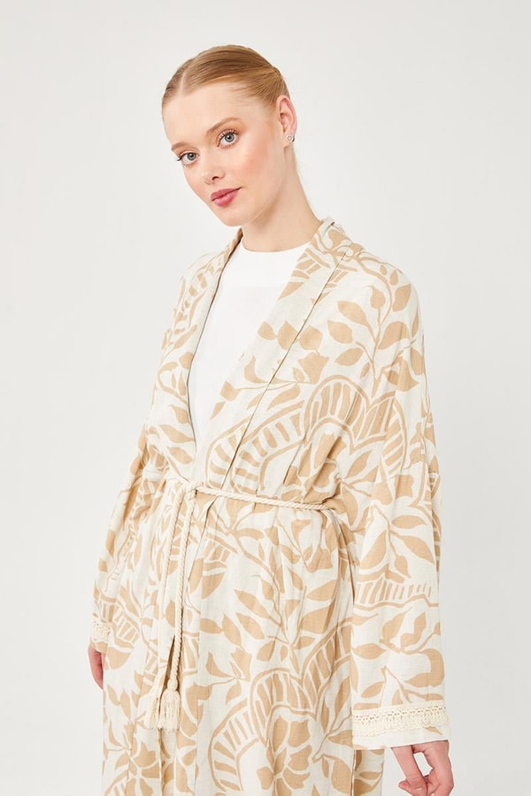 LevidorLevidor Bej Yaprak Desen Keten Kimono Takım